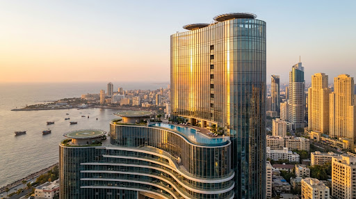 Modern luxury skyscraper at sunset